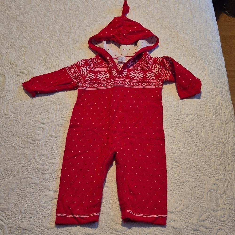 Hanna Andersson red heritage hooded sweater romper 80 or 18-24 months VGUC